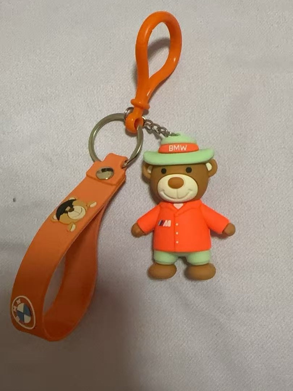 BMW Orange Bear Keychain with Green Hat and Strap